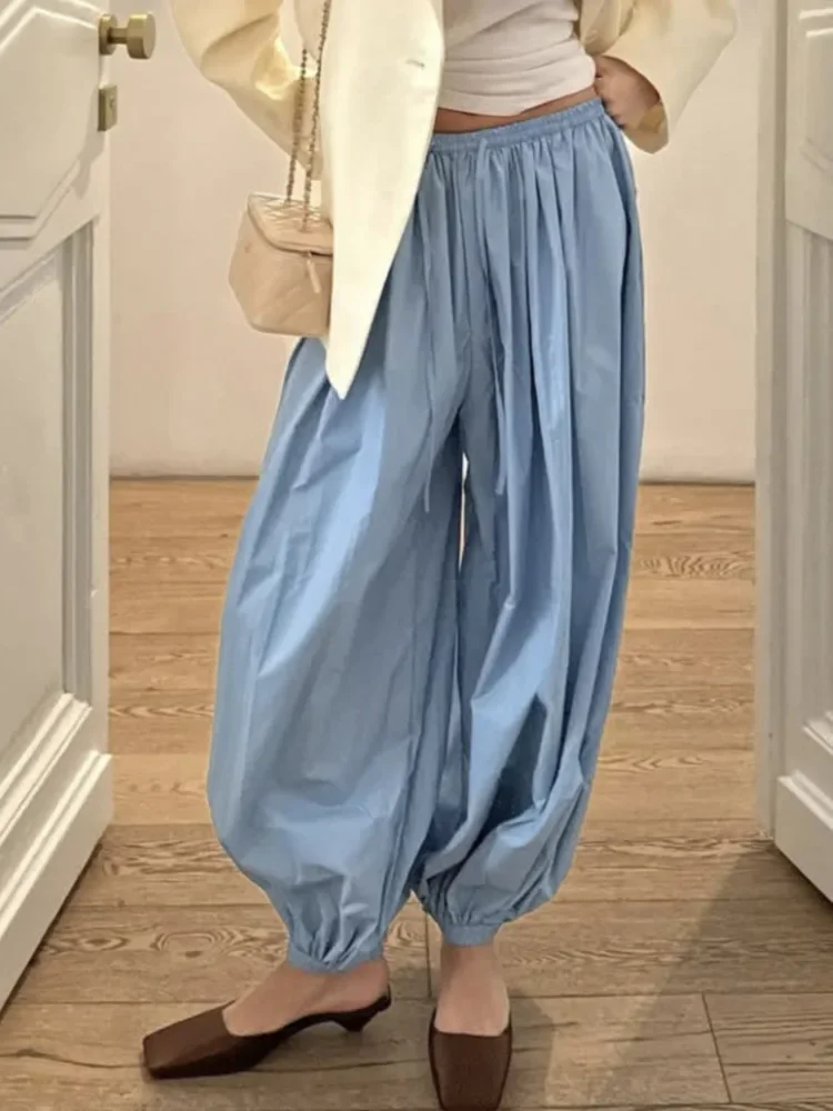 

Loose Casual Jogger Bloomers Pants For Women Pleated Solid Fashion Summer Female Loose Bloomers Long Pants Streetwear