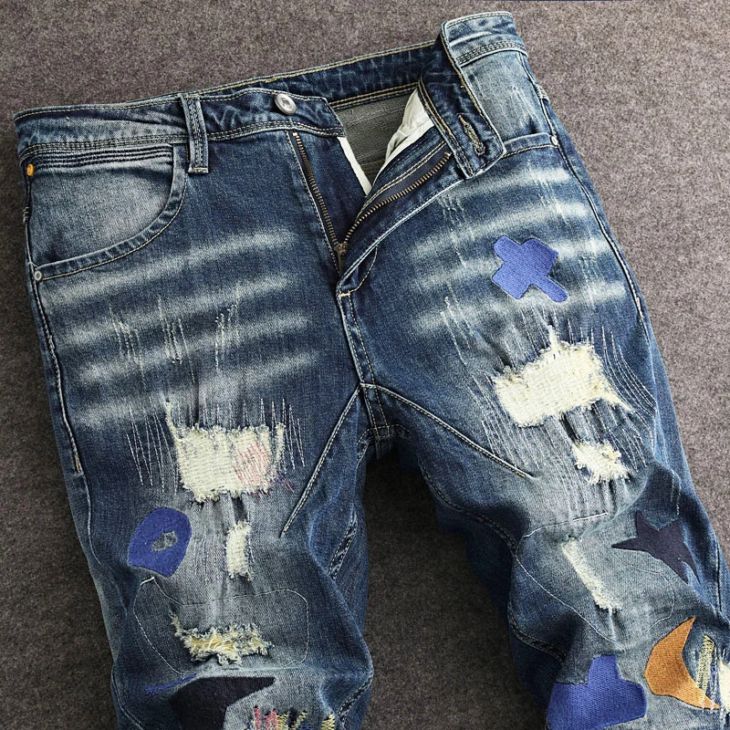 Street Fashion Men Jeans Retro Blue Stretch Slim Fit Patched Ripped Jeans Men Embroidery Designer Hip Hop Vintage Denim Pants