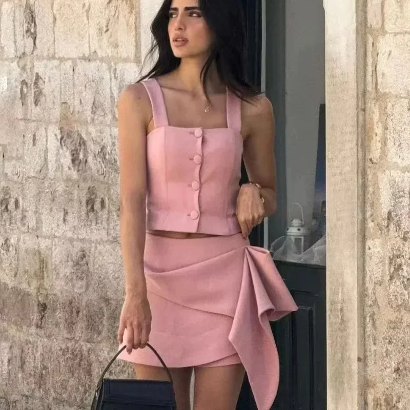 Traf Asymmetrische Roze Mini Rok Vrouw Hoge Taille Skort Voor Vrouwen 2024 Plooien Ruche Zomer Rok Korte Broek