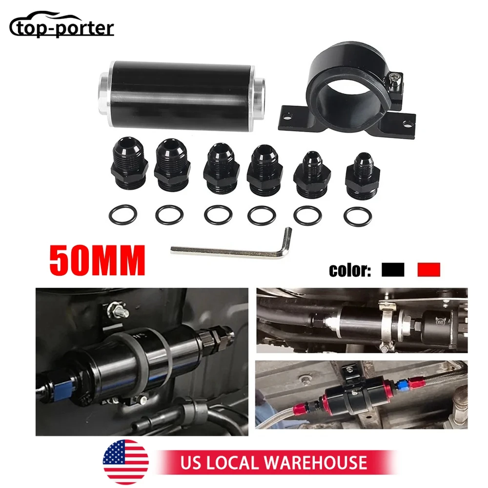 

50MM 100 Micron Universal Fuel Filter High Flow with AN6 AN8 AN10 Fitting Adapters, Mounting Bracket, Wrench Cleanable Aluminum