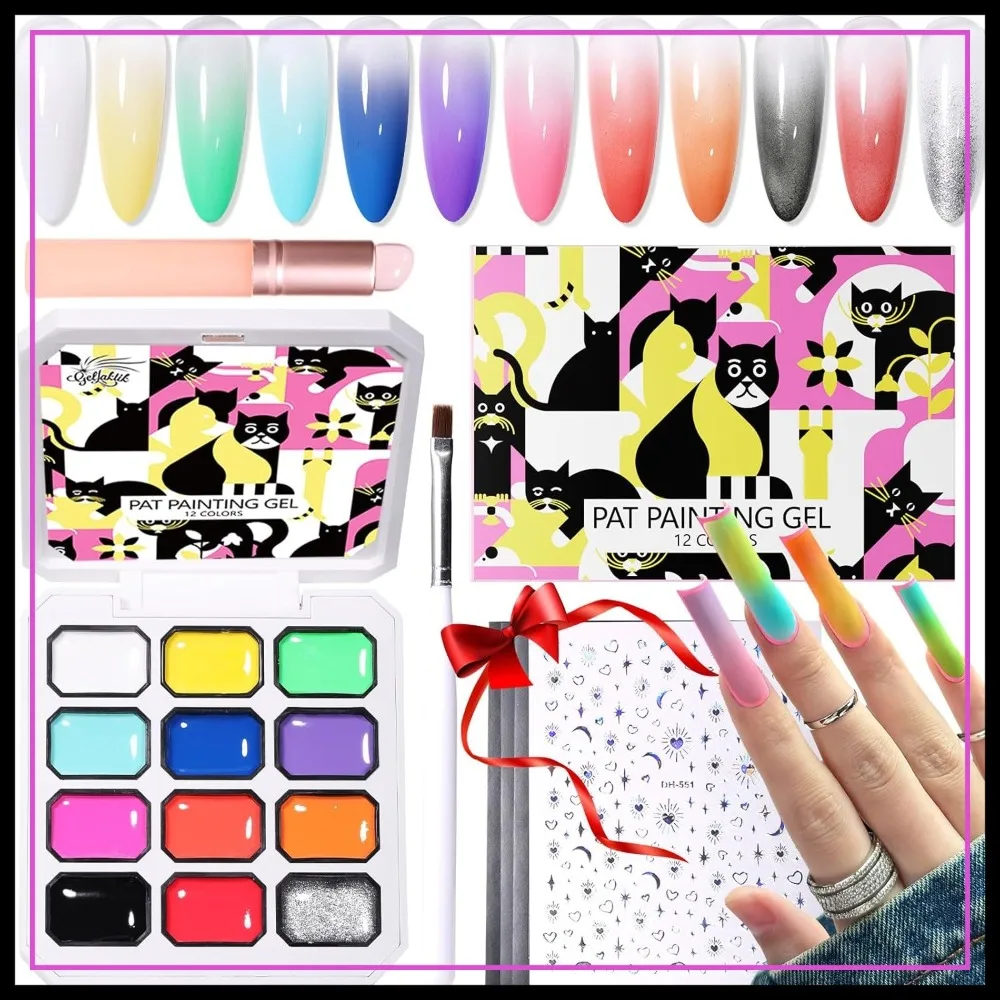 

12 Color Patting Nail Gel Polish Kit, Ombre Painting Gel with Brush & Silicone Pen & Stickers - UV/LED Curing, DIY Manicure Set