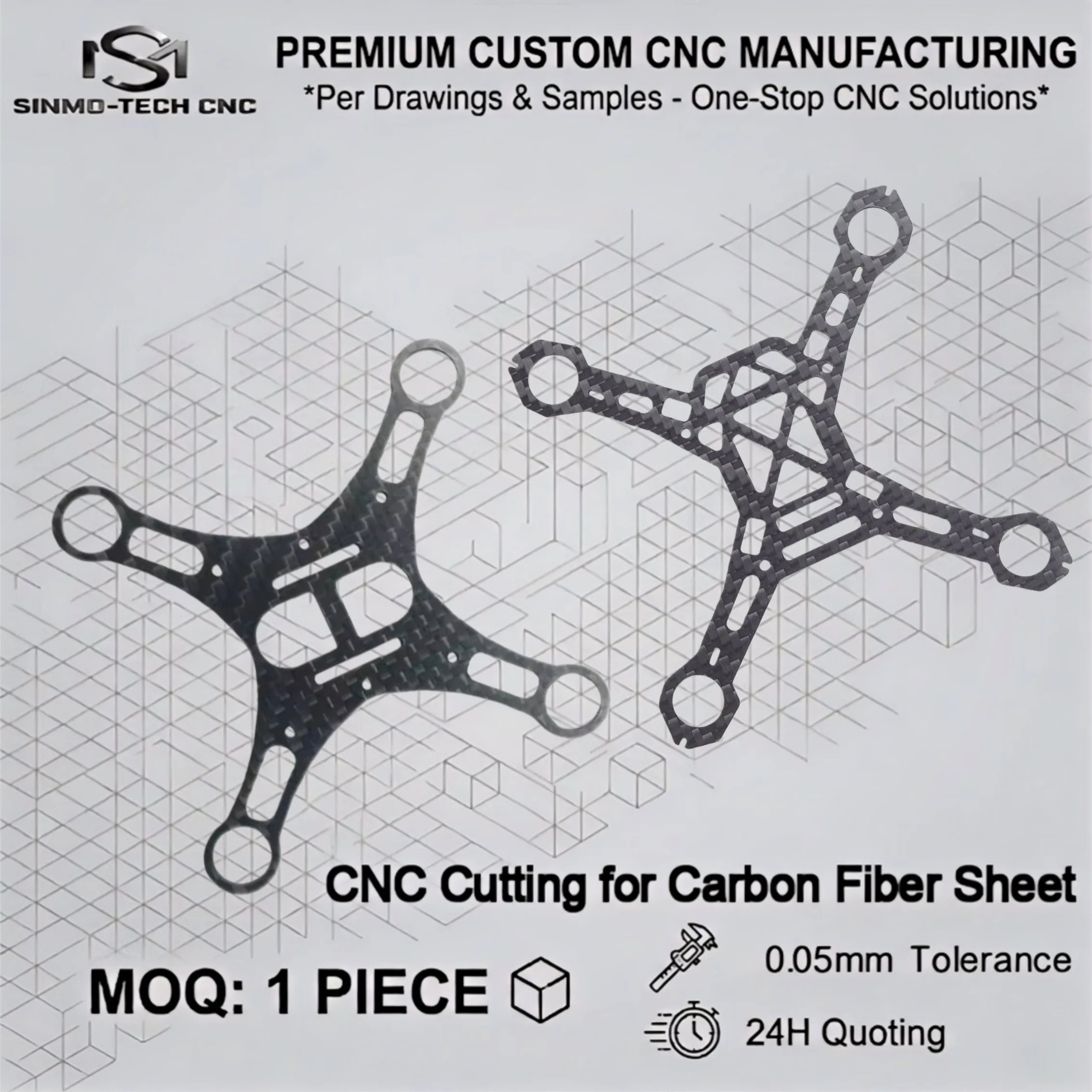 Custom 3K Carbon Fiber FPV Frame Drone Arm Cutting, Pure Carbon Plate CNC Service for UAV quadcopter per CAD Drawing