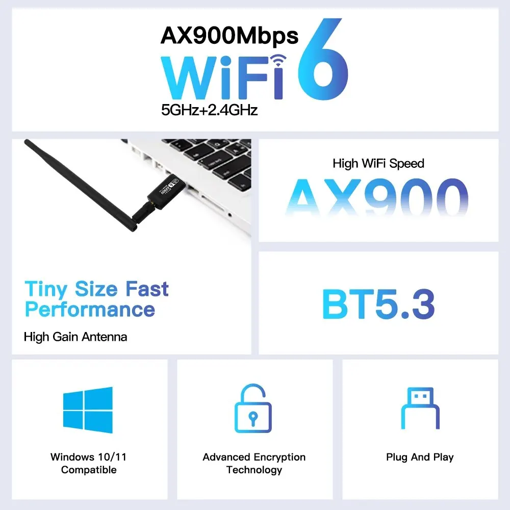 WiFi USB Adapter AX900 Bluetooth 5.3 Wireless Dual Band 2.4G/5GHz Wi-Fi Antenna USB Dongle Recevier For PC/Laptop Driver Free