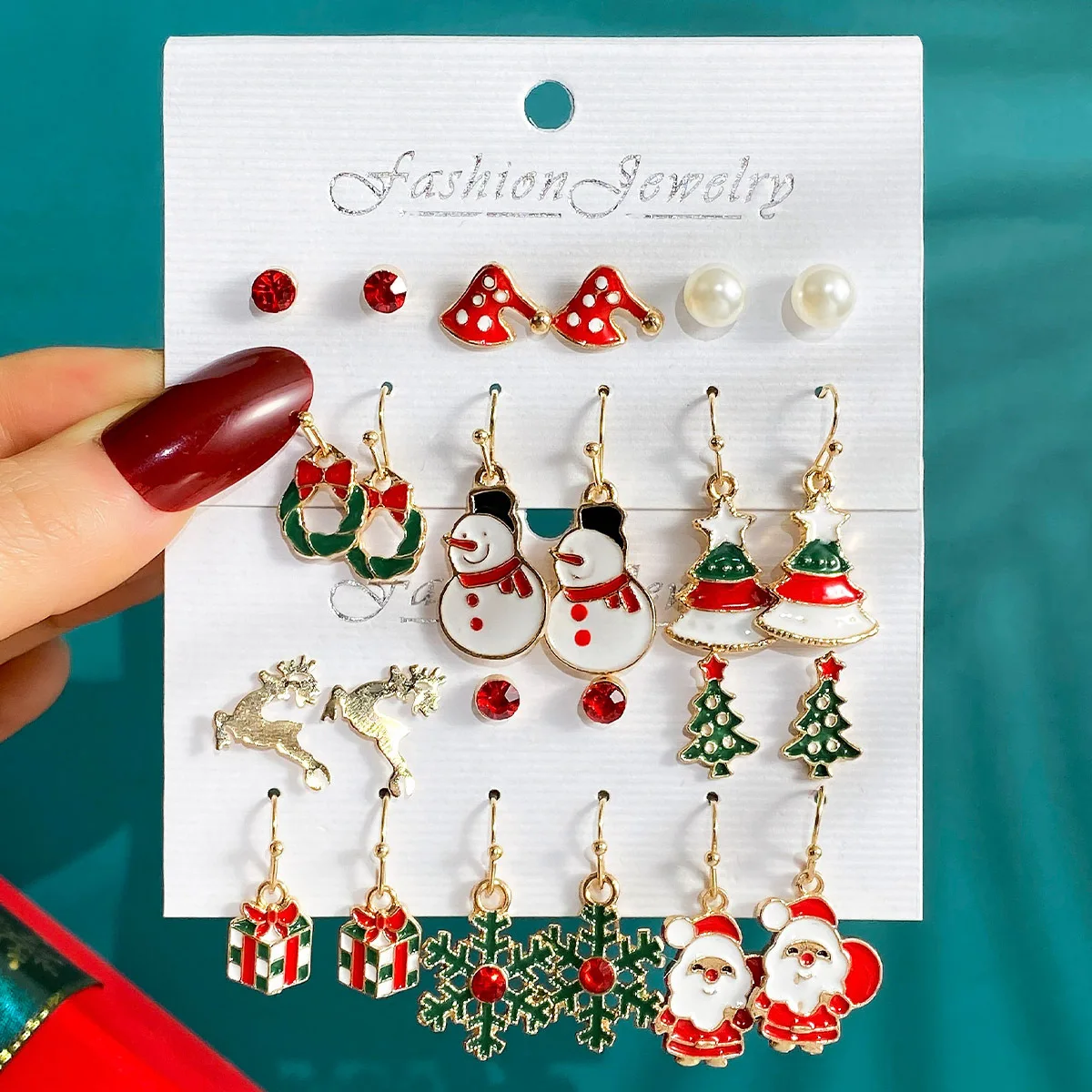 

New Trendy Christmas Collection Snowflake Bells Ear Stud Set Drip Oil Cartoon Elk Santa Claus Earrings Jewelry Accessories