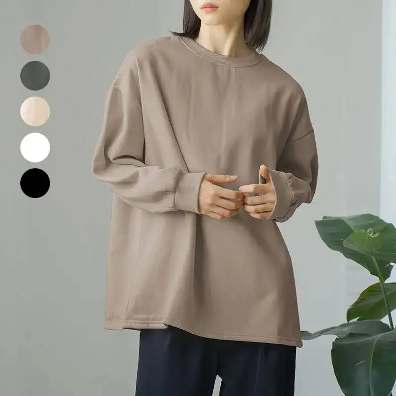 Sudadera de Felpa Gruesa de Color Sólido para Mujer, Estilo Japonés y Coreano, para Otoño e Invierno, Talla Grande, Holgada, de Algodón, 5 Colores
