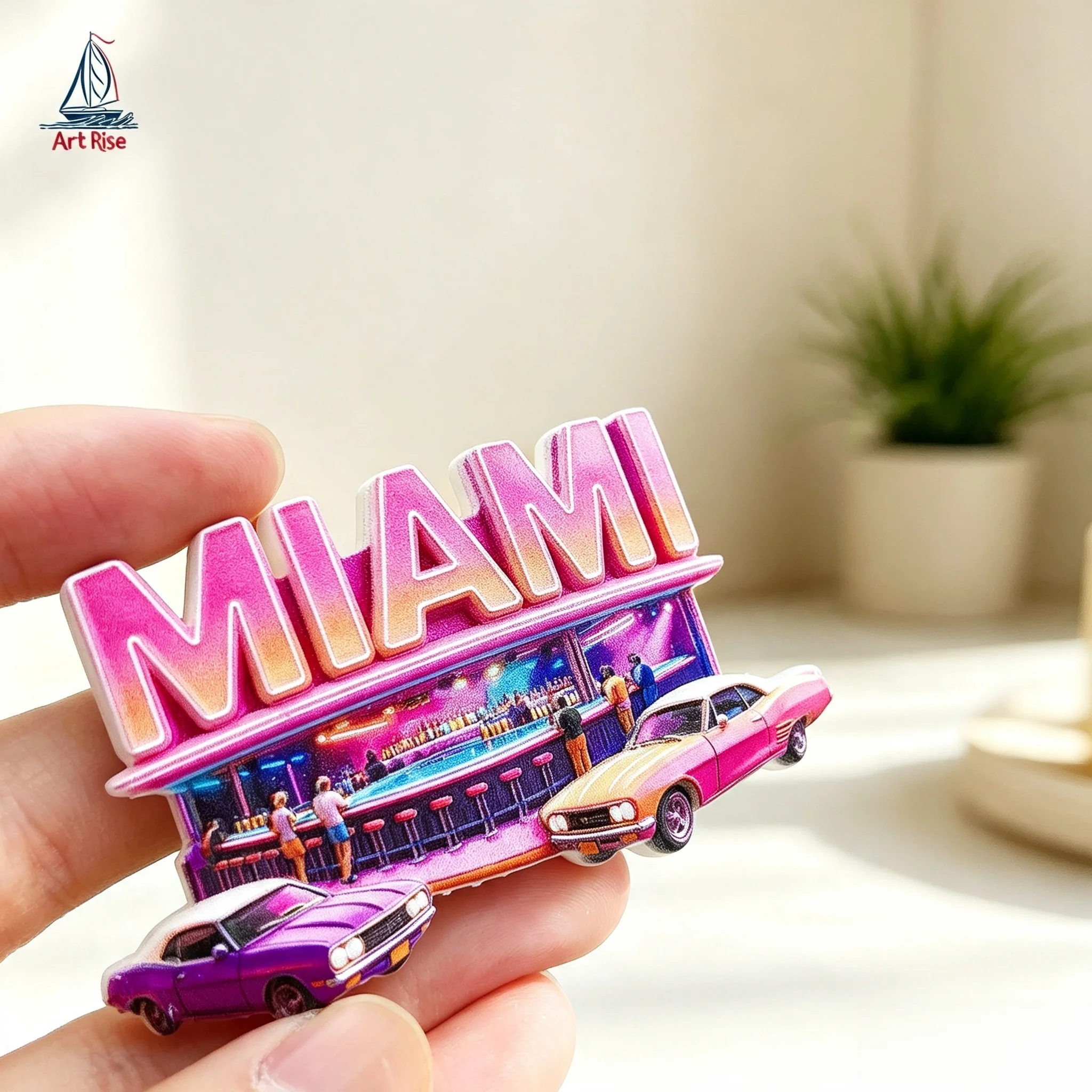 Miami Bar Retro Sports Car 3D Resin Fridge Magnet USA Florida Travel Souvenir Refrigerator Magnetic Sticker Home Decoration