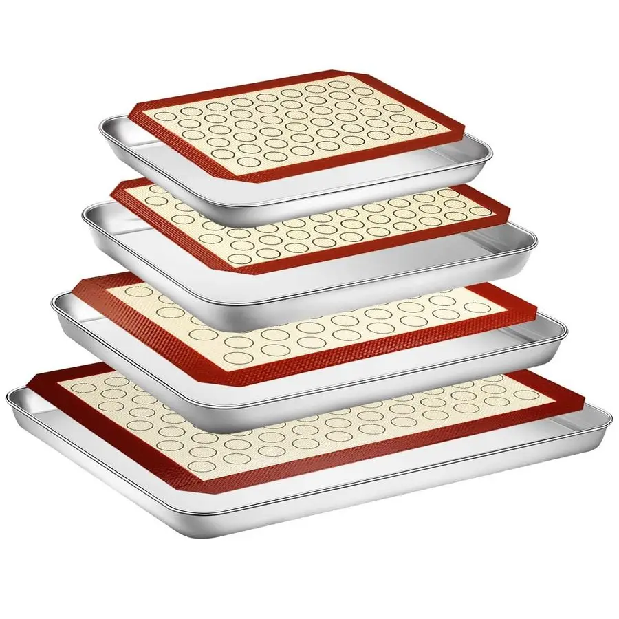 

Sheet with Silicone Mat Set, Set of 8 4 Sheets 4 Mats, Stainless Steel Cookie Sheet Baking Pans with Reusable Silicone Baking Ma