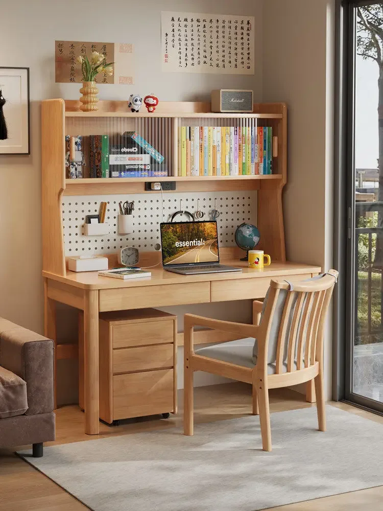 #Solid Wood Desk with Integrated Bookshelf Perforated Board Drawers-Simple Design for Home Office Student Study
