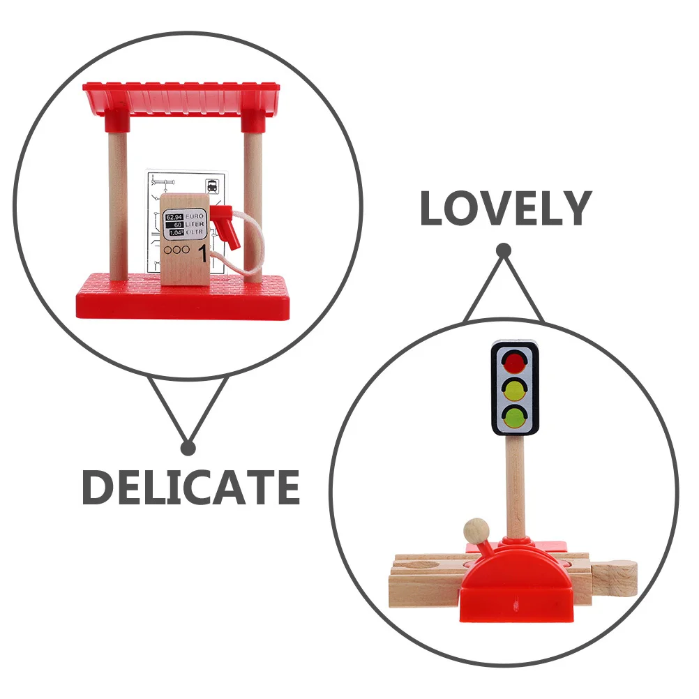 1Set Wooden Train Track Accessories Cute Road Block and Gas Station for DIY Scenes Rotating Handle Control Fine Motor Skill