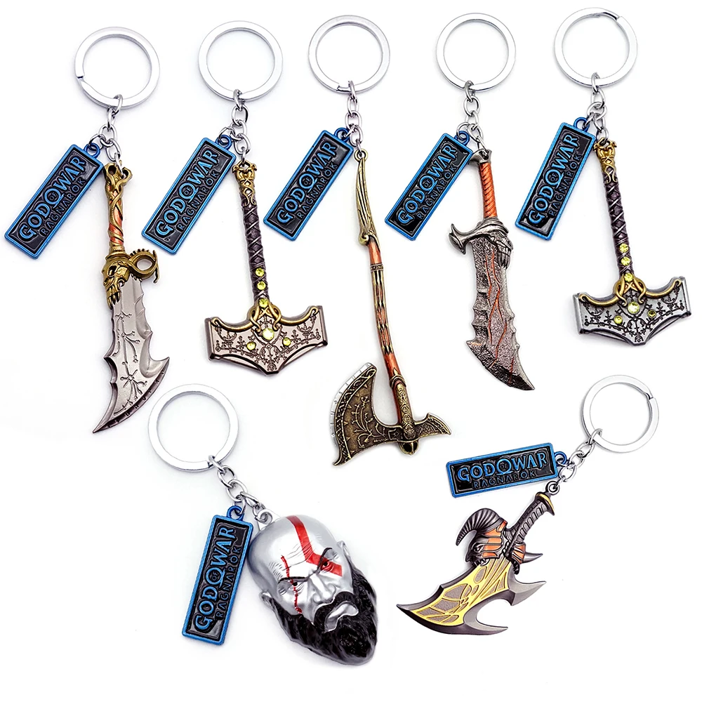 God of War 5 Hammer Mjolnir Levitan's Axe Key Chain Jewelry Set Keychain for Men Keyring Blades of Chaos Game Accessories