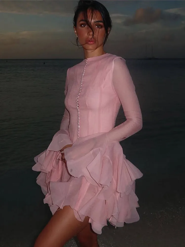 Puffy Flared Long Sleeve Dress Waist Cinched Round Neck Big Skirt
