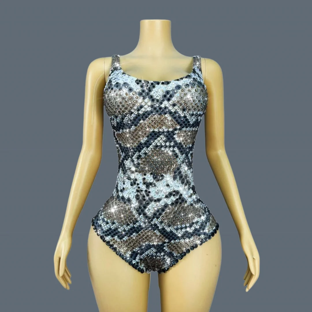 

Luxury Snakeskin Printing Sparkly Rhinestone Bodysuit Women Celebrate Party Stage Show Outfit Drag Queen Performer Wear Ditoushe