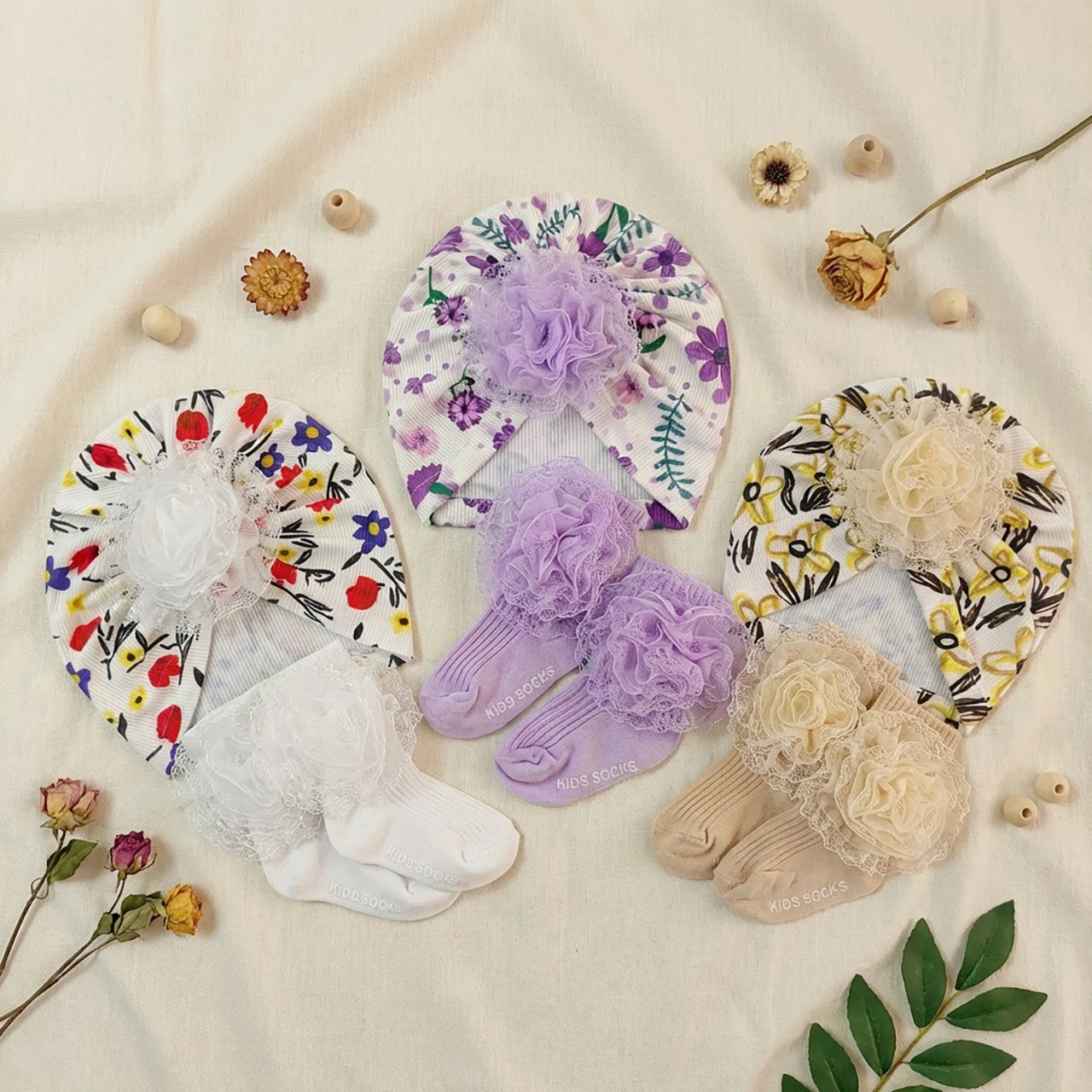 Lace Flower Baby Turban Cap Full Print Floral Headscarf Hat Anti-slip Infant Socks Solid Color Kids Floor Sock 0-3Year Headband
