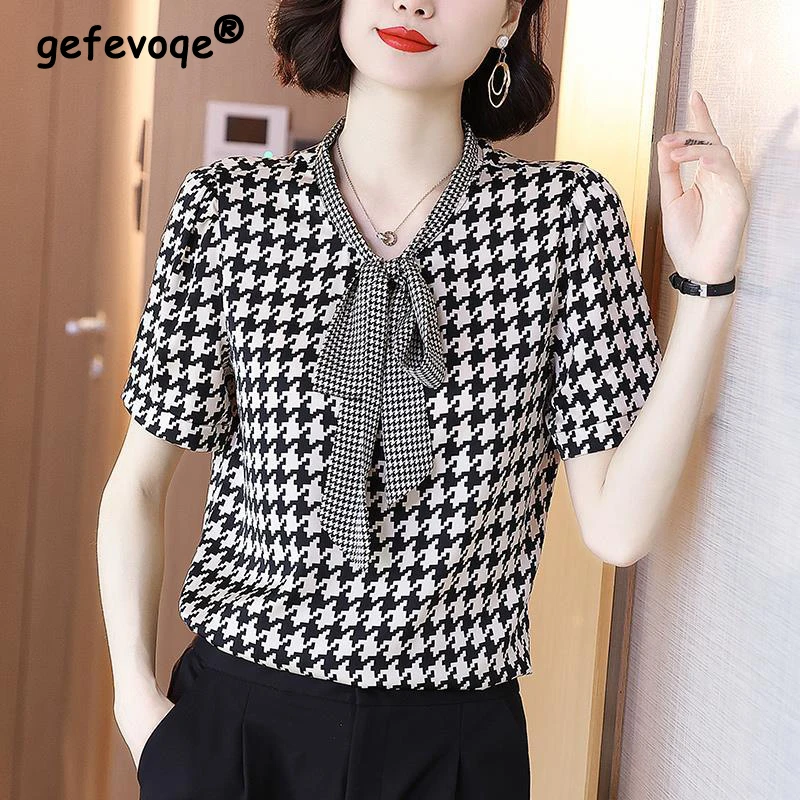 Women Houndstooth Print Lace Up Bow Elegant Blouse Summer Korean Style V Neck Short Sleeve Office Lady Casual Shirts Blusas Ropa