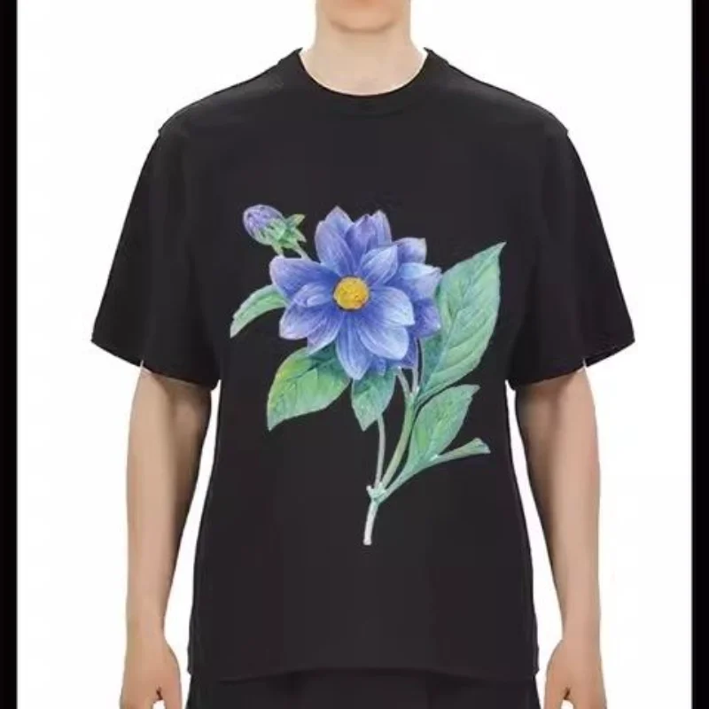 Yohji Yamamoto Blue Enchantress Abstract Printed T-Shirt Japanese Heavy Men's and Women's Casual Crew Neck Trendy Short Sleeve