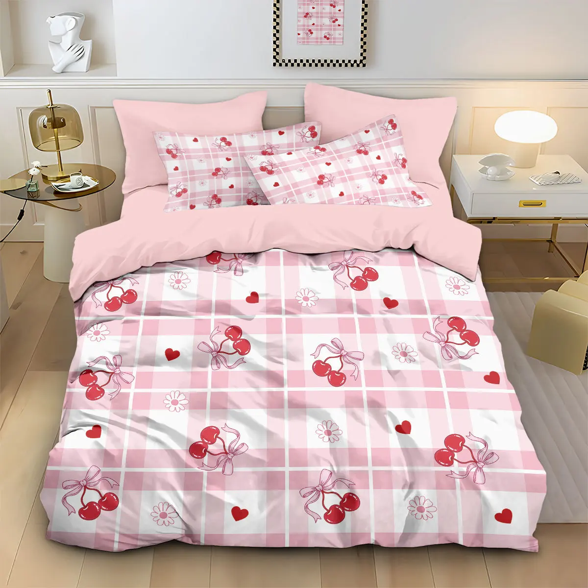 Pink Bows Cherry Bedding Set 3D Print Soft Duvet Cover for Bedroom Dormitory Decor, 1 Duvet Cover and 2pillowcase with Zipper
