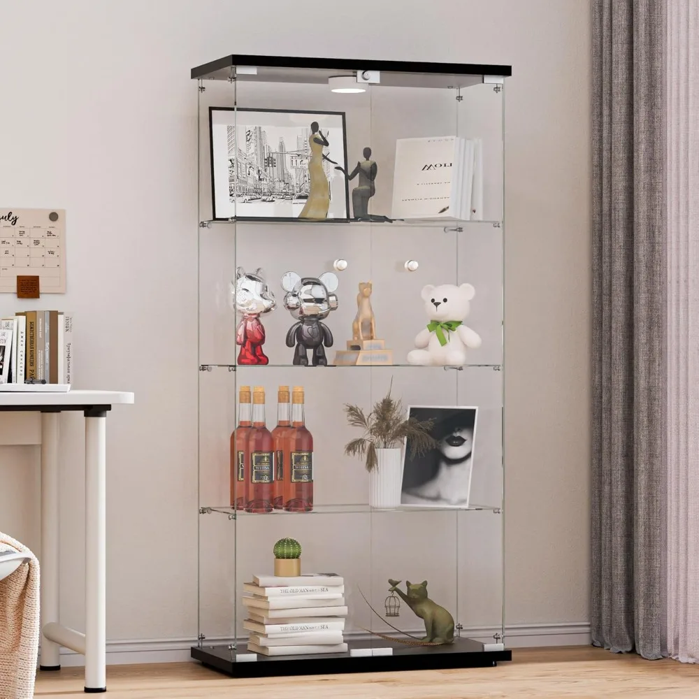 Glass Display Cabinet,4-Shelf 2 Doors,with LED Push Light Lockable,with 4mm Tempered Glass ,Glass Bookshelf