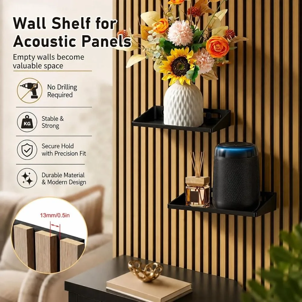 No Drill Acoustic Panel Shelf Floating Damage-Free Floating Shelf Raised Lip Metal Screw No Drill Shelf Storage Rack