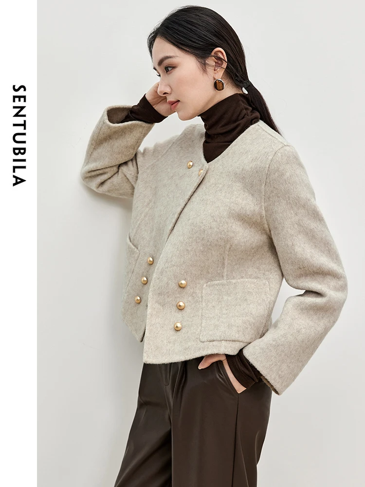 SENTUBILA Solid Casual Wool Coat for Women 2025 Winter Straight Double Sided Warm Female Short Elegant Outerwear W44O56625