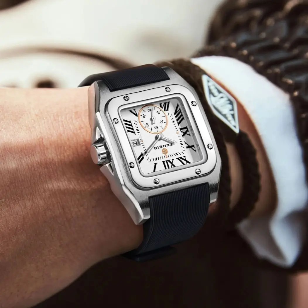 ساعة رجال الأعمال الجديدة من سلسلة Santos Tank، مينا مربعة، مع عرض التقويم، متوفرة بحزام سيليكون وحزام جلدي، ساعة يد رجالية عصرية فاخرة وبسيطة وأنيقة