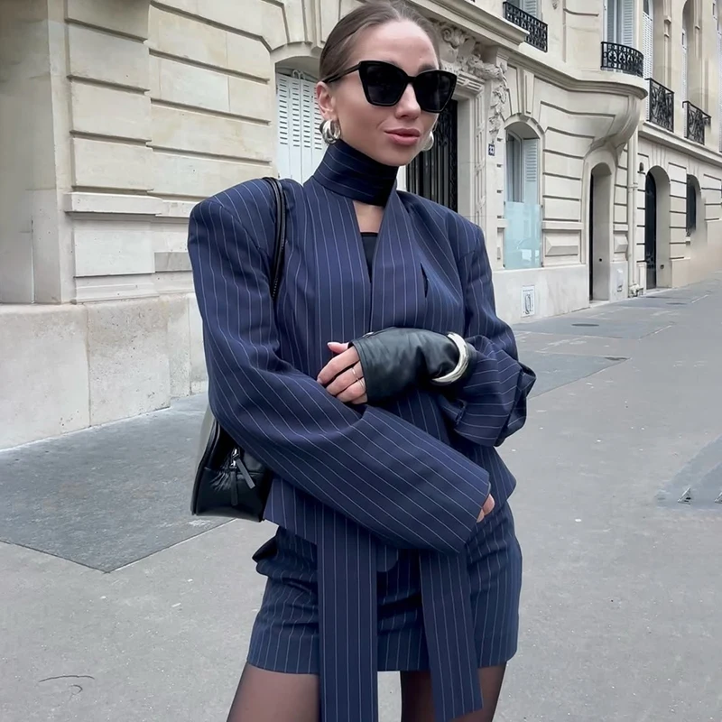 

Ticketsx Stripe Skirt Set Women's Sexy V Neck Single Breasted Tie Top High Waist Skirt Set Female Fashion Formal Chic Dress Sets