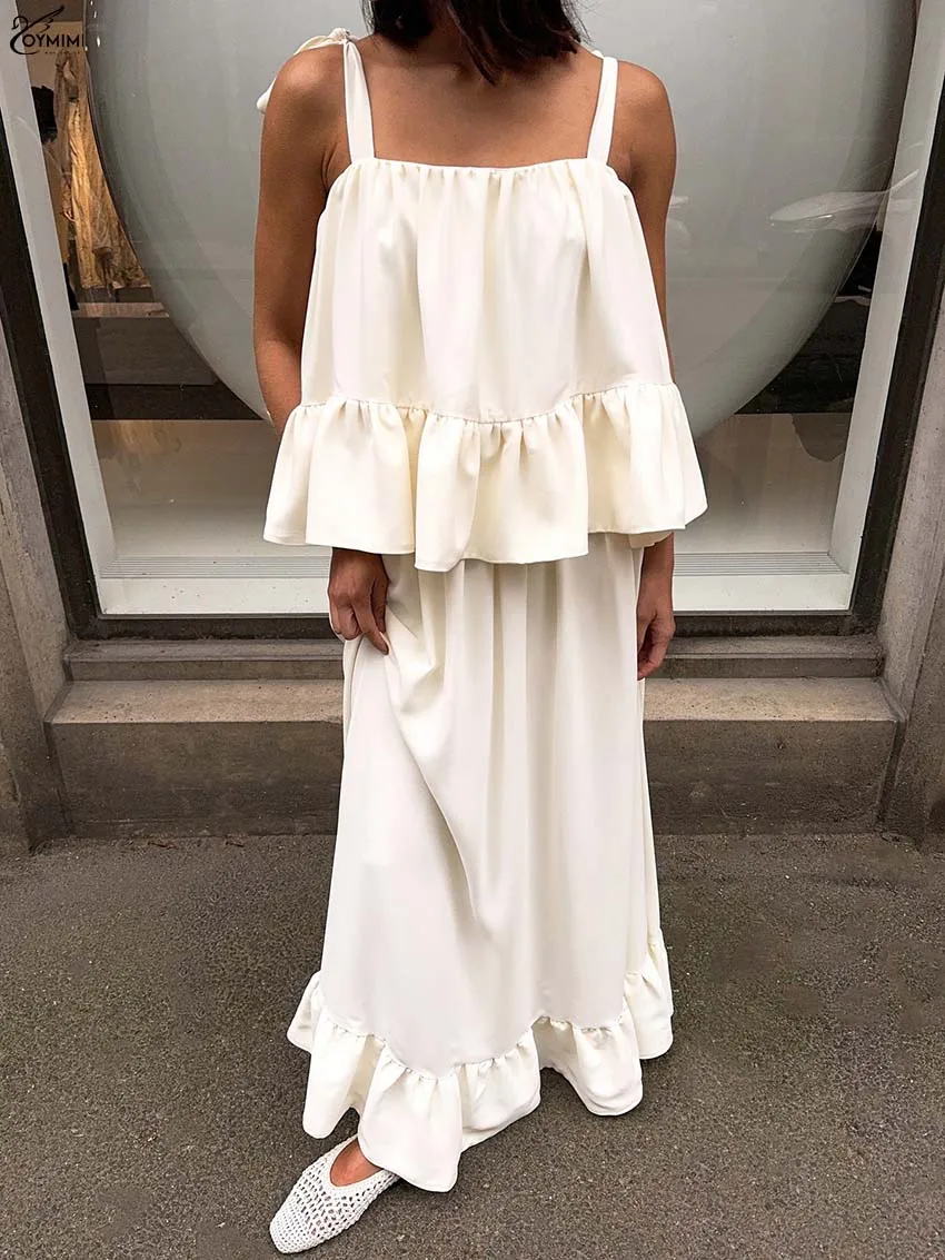 

Oymimi Casual Apricot Loose 2 Piece Sets Woman Outfits Fashion Spaghetti Strap Ruffled Blouses + High Waist Wide Leg Pants Sets