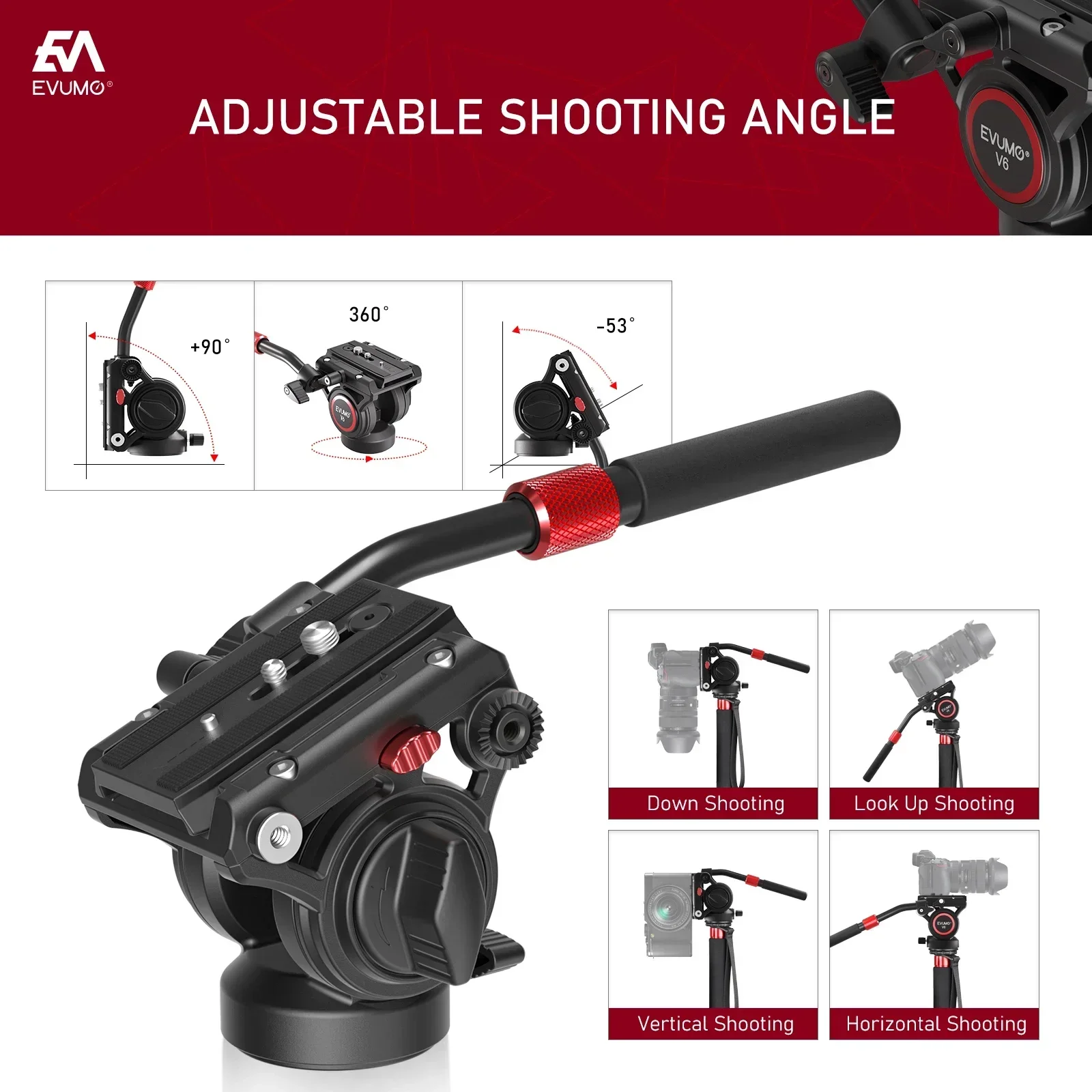EVUMO V6 Tripod Head Hydraulic Pan Tilt Video Head Fluid Panoramic Shooting for Camera Tripod Monopod Slider Q.R Plate Load 8kg