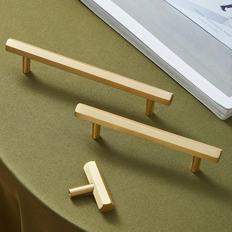 

Gold Solid Brass Hexagon Knob T Bar Cabinet Pull for Kitchen Room Longer Dresser Handle Furniture Hardware