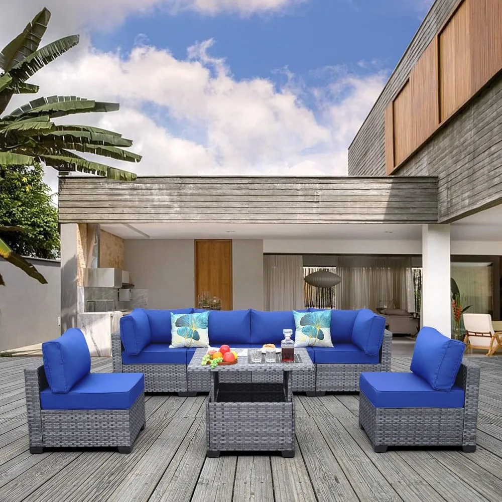 

7 Pieces PE Wicker Patio Furniture Set Outdoor Sectional Conversation Sofa Set with Liftable Storage Table, Non-Slip Cushions an