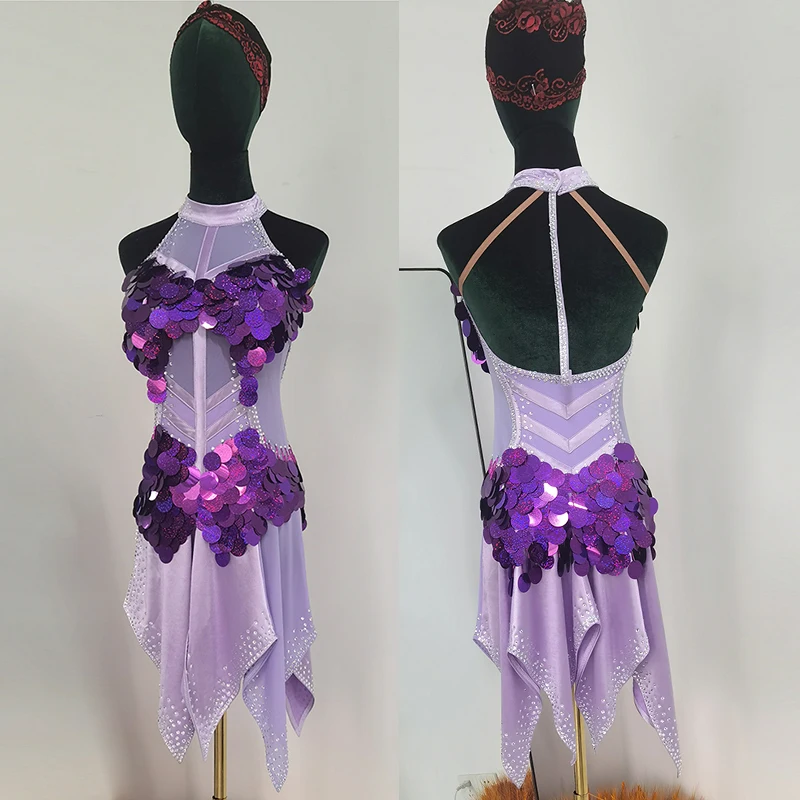 

Purple Sequin Latin Dance Dress Women Girls Mesh Rhinestone Competition Dress Prom Rumba Cha Cha Samba Performance Costume 15759