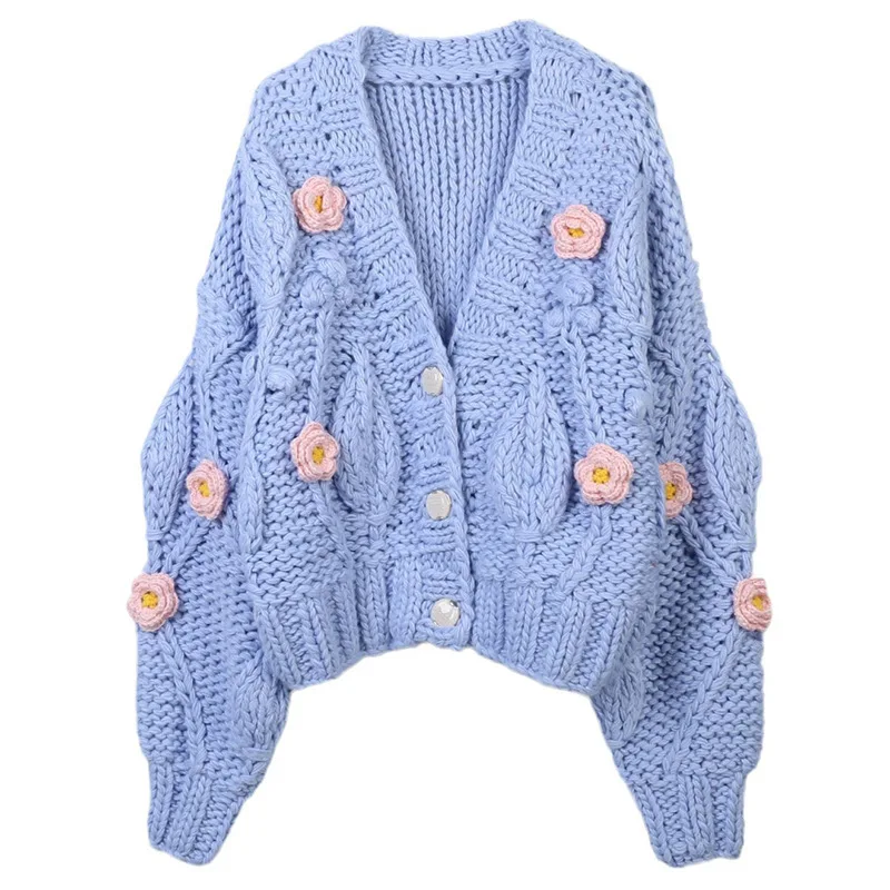 

2025 Autumn And Winter Women Blue Knitted Cardigan Hand Crochet Sweater Cardigan Bohemian Flower V-neck Long Sleeve Knitted Top