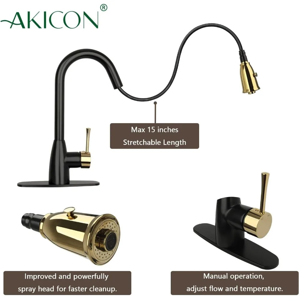 Torneira de cozinha suspensa em dois tons, preta fosca e dourada com placa de convés – garantia de 5 anos, durabilidade de longa duração