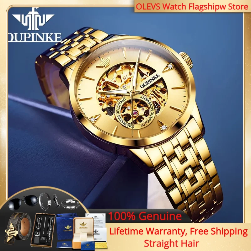 OUPINKE 3308 ساعة رجالية ذهبية مجوفة مستوردة بحركة يابانية للرجال ساعة أوتوماتيكية فاخرة مقاومة للماء ساعة ميكانيكية للرجال