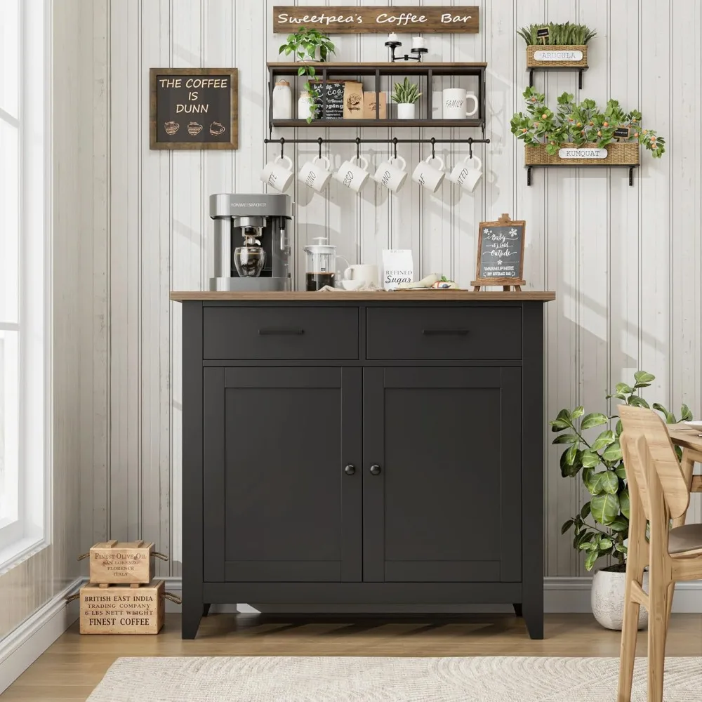 Modern Farmhouse Buffet Cabinet with Storage, Coffee Bar with 2 Drawers and 2 Doors, Floor Sideboard Buffet,Black/Rustic Brown