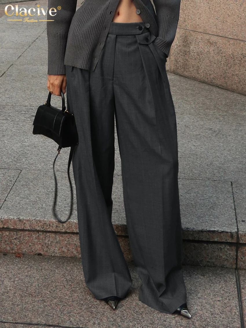 

Clacive Fashion Loose Gray Women's Pants 2026 Casual Mid Waist Wide Trousers Lady Elegant Classic Office Pants Female Clothing
