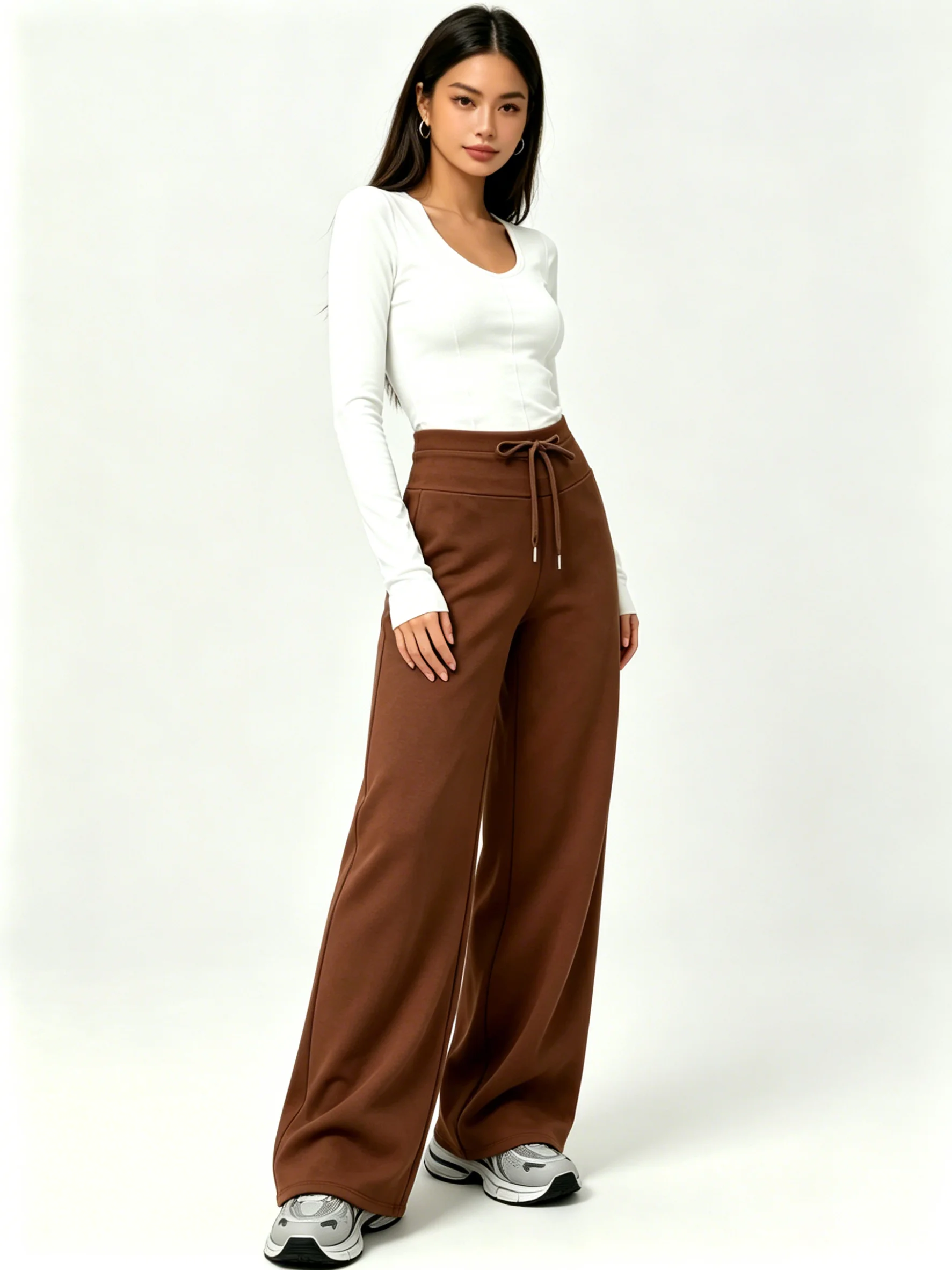 Damen High-Waist-Hose mit weitem Bein, verstellbarem Kordelzug, Bauch- und Hüftkontrolle, lässige und vielseitige lockere gerade Hose – Detail 4