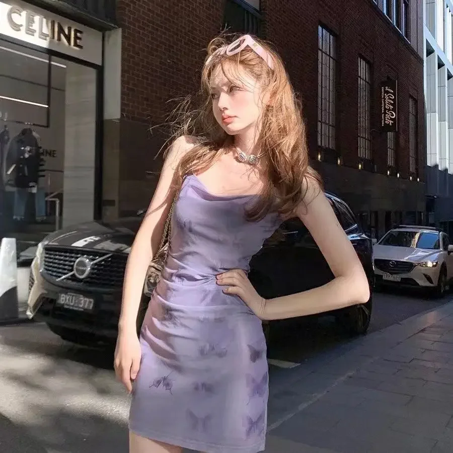 

Dream Butterfly Elastic Mesh Print Purple Mini Dress Women Sexy Tie Dyed Slim Fit Y2K Wrap Hip Dresses