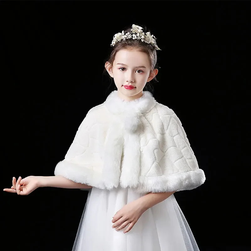 Girls Faux Fur Wedding Party Jacket White Wraps Shawl Cape Stole Girls Bolero Shrug For Children Winter Kids Warm Coat 2-12T