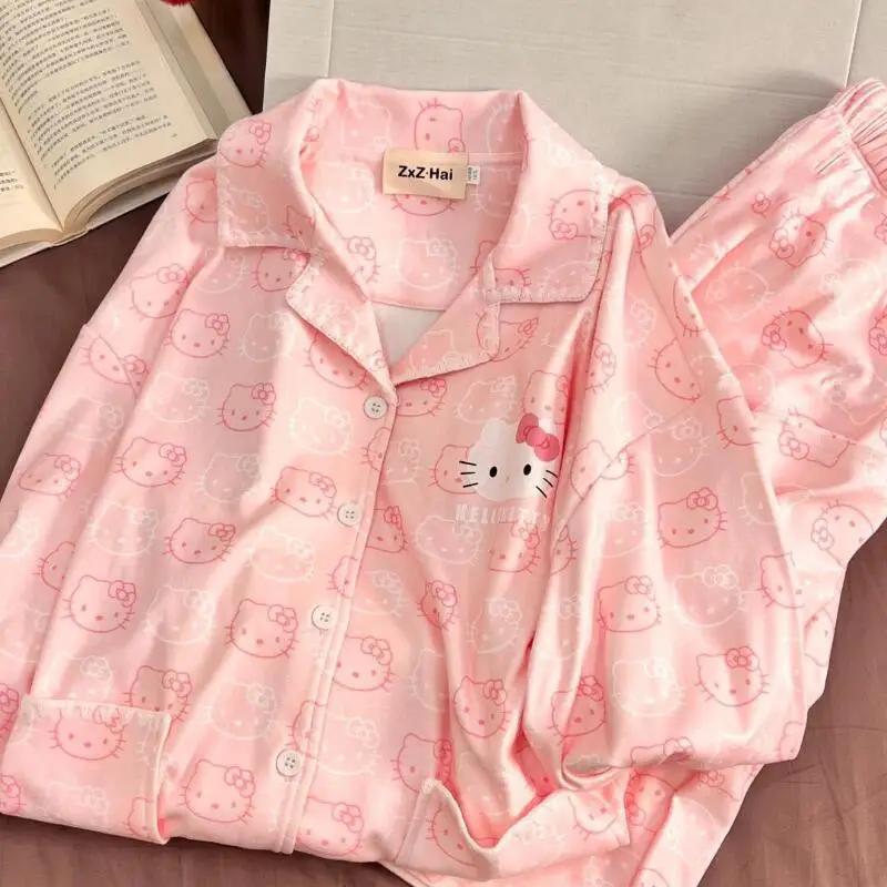 

Sanrio Hello Kitty Winter Pajama Kawaii Cartoon Women's Warm Sleepwear Long Sleeve Pant Nightgown Student Homewear Set New Style
