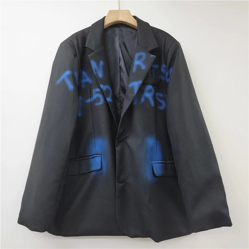 DEAT Women's Blazer Loose Blue Letters Graffiti Female Notched Collar Causal Suit Jackets 2025 New Fashion Spring 29L9319