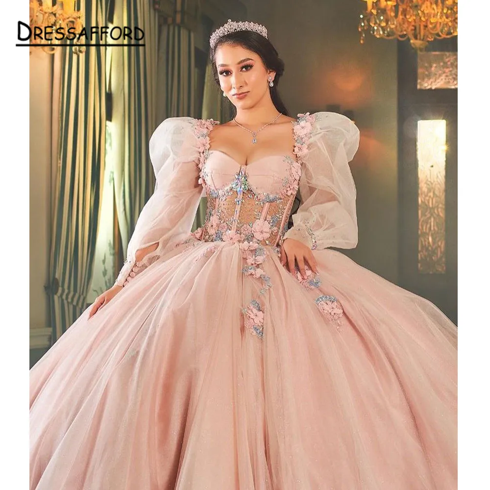 Pink  Quinceanera Dresses 3D Flowers Off Shoulder 2022 Lace-up Ball Gown Sweet 16 Dress Vestidos De 15 Años