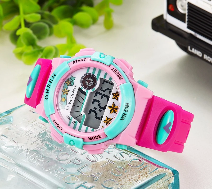 OHSEN Digital Kids Watches for Girls Boys 50M Waterproof Rose Red Led Electronic Children Sport Watch Stopwatch Cartoon Clock