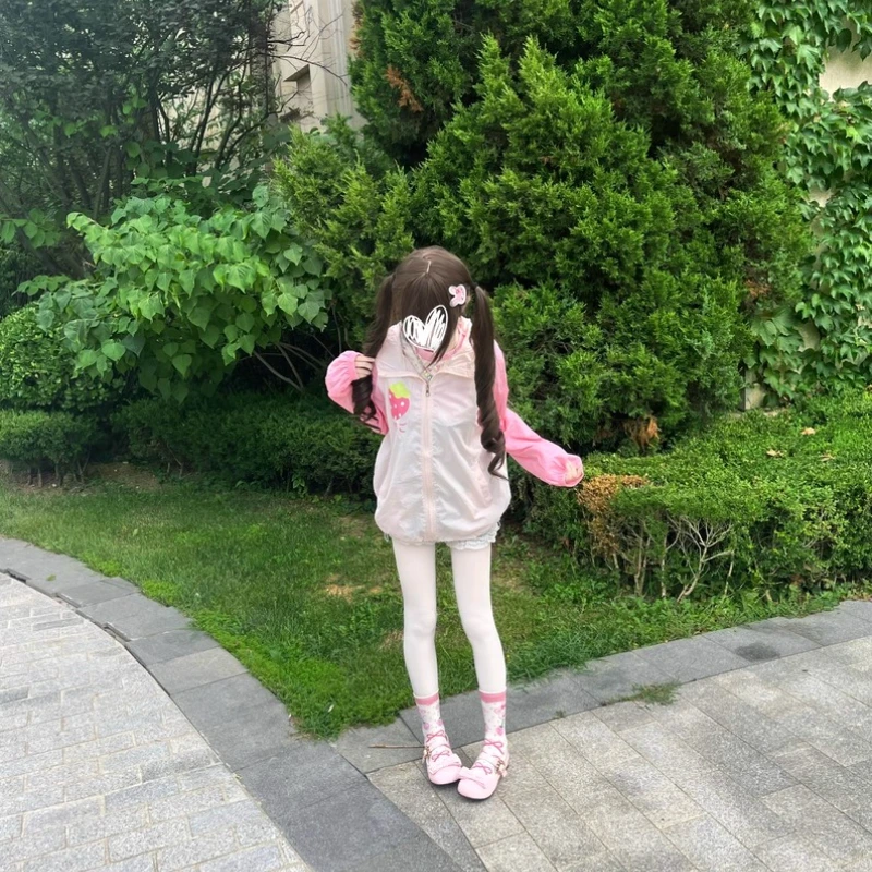 Japanese Fruit Print Hooded Women's Jacket Spring Summer Autumn Sweet Cute Breathable Color Block Sun Protection Coat Ladies