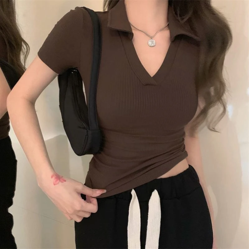 

Simple Commuter T-shirt Slim Polo Lapel Short Short Sleeve 2025 Spring and Summer Fashion Hot Girl Style Women's Top