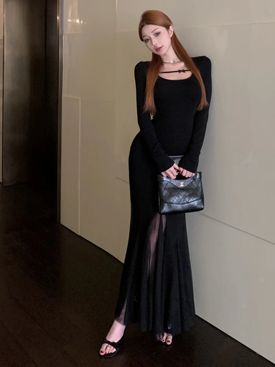 

Sexy Mermaid Tail Knitted Dr Netting Splicing Low Chest Slim Fit Long Skirt for Ladies Date Par Winter Season Chinese Or...