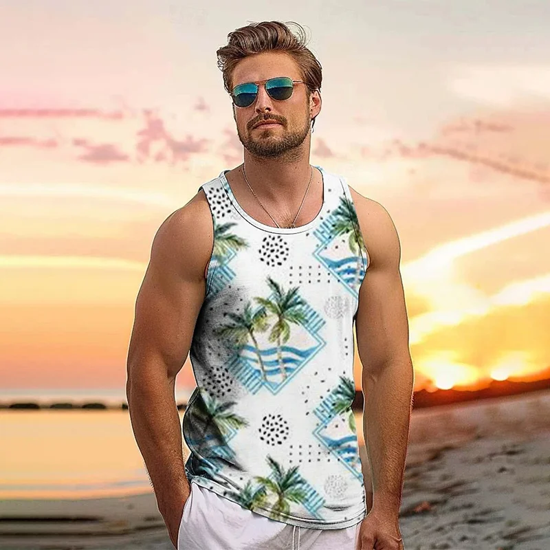 Harajuku Summer 3D New Tropical Leaves Printed Tank Top Men Coconut Trees Graphic Sleeveless T-shirt Fashion Cool Streetwear Tee