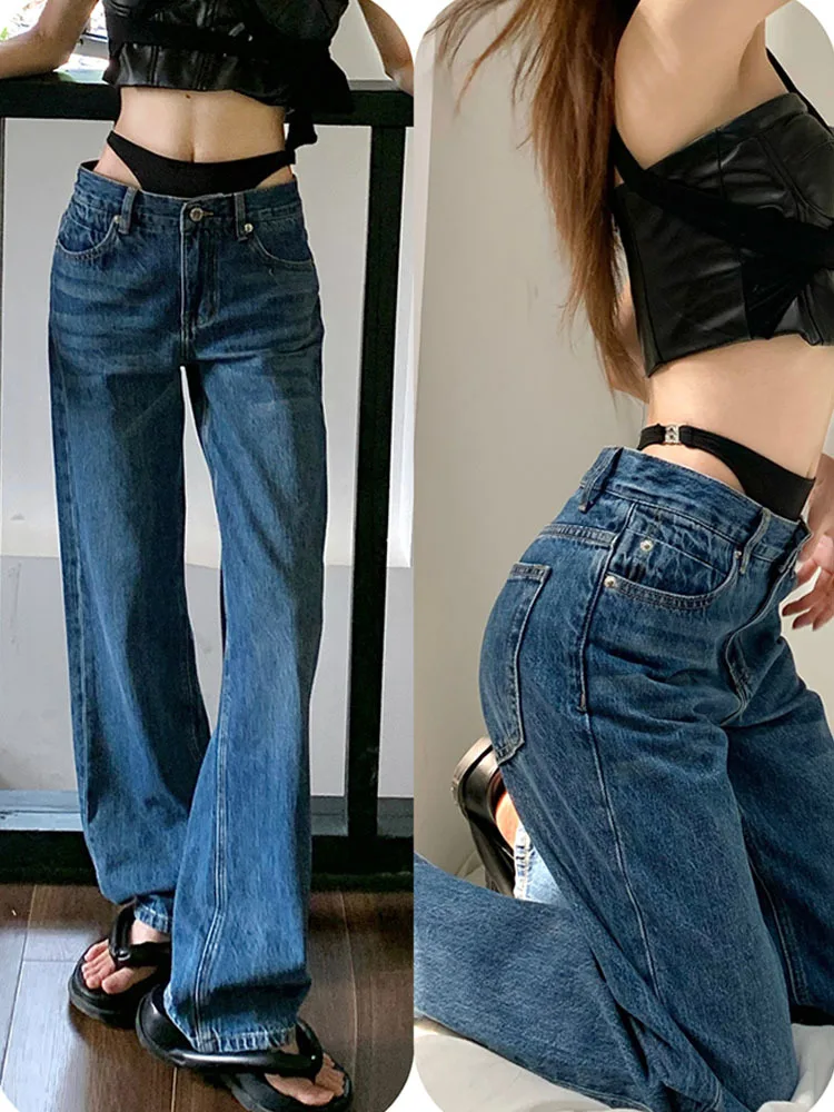 

High Waisted Jeans Bikini Splicing Summer Harajuku Sexy Trousers Straight Leg Slim Wide Leg Pants Personality Baggy Jeans Women