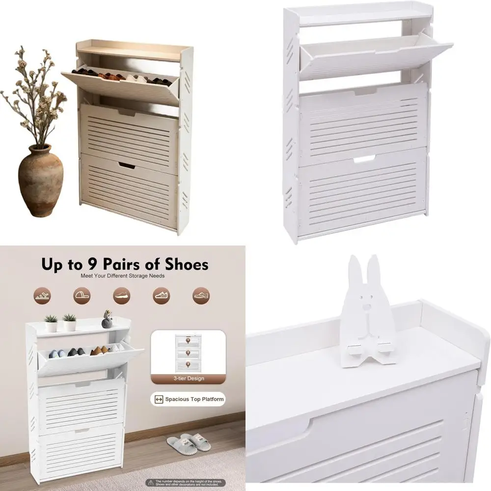 

3-Layer White Shoe Storage Cabinet with Top Shelf, Louvered Door Organizer for Entryway and Living Spaces