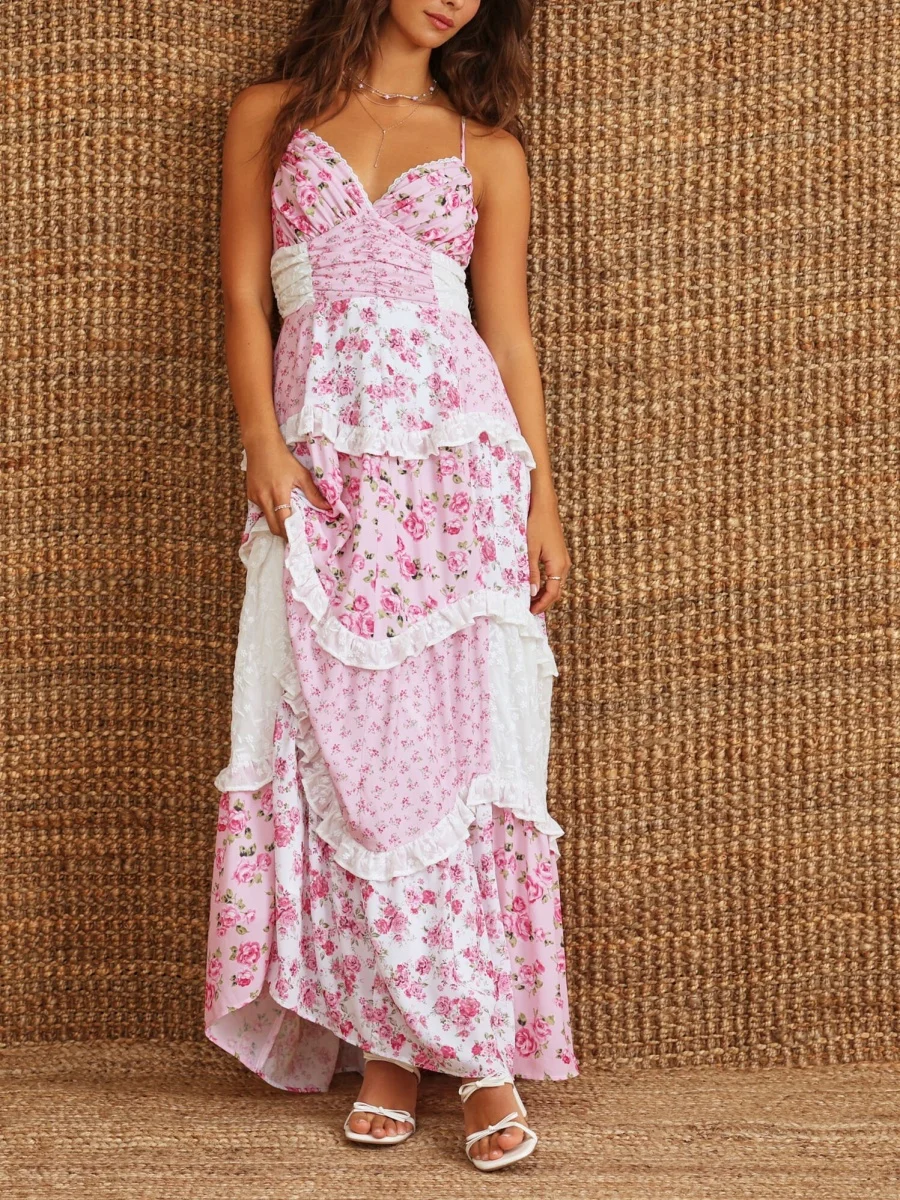 Vestido de pastel en capas de retales para mujer Y2k Floral Spaghetti Strap Cortado Maxi vestidos Sexy ceñido al cuerpo sin espalda vestido veraniego de playa de verano