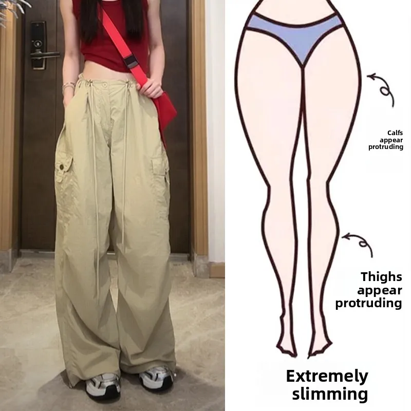 

Retro American Quick Dry Work Pants Women Summer New Large Size Casual Straight Leg Trousers High Waist Pocket Detail